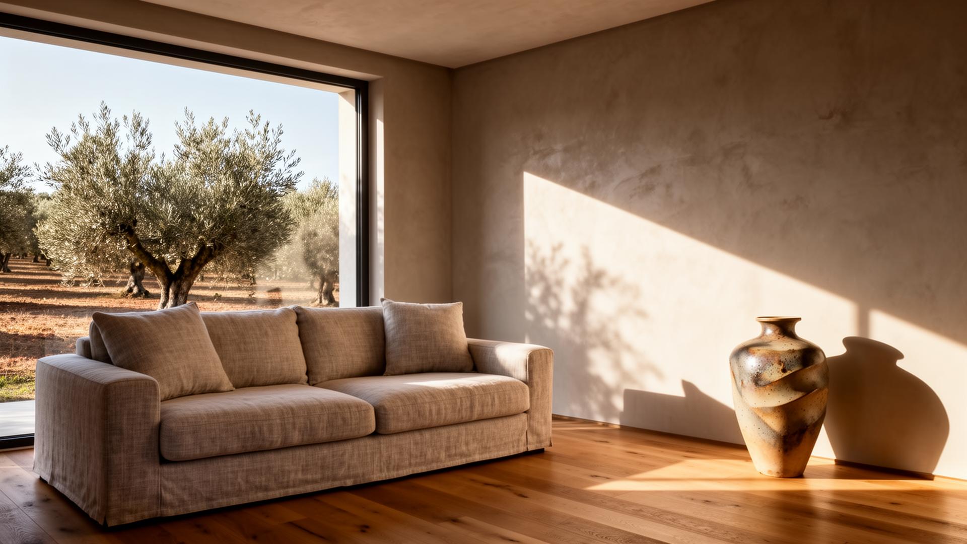 Interior with linen, microcement and oak