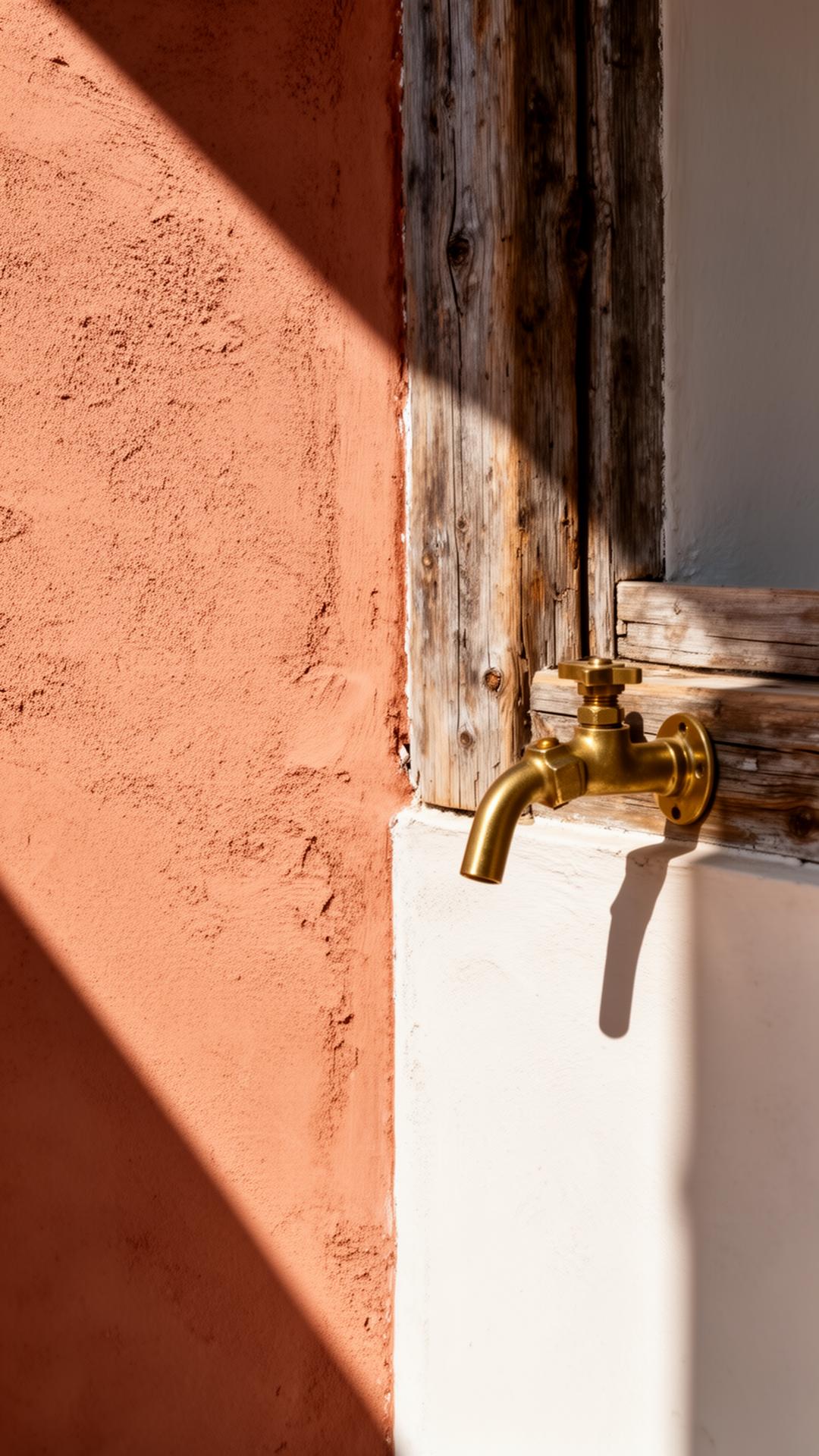 Brass tap on hand-troweled lime plaster wall
